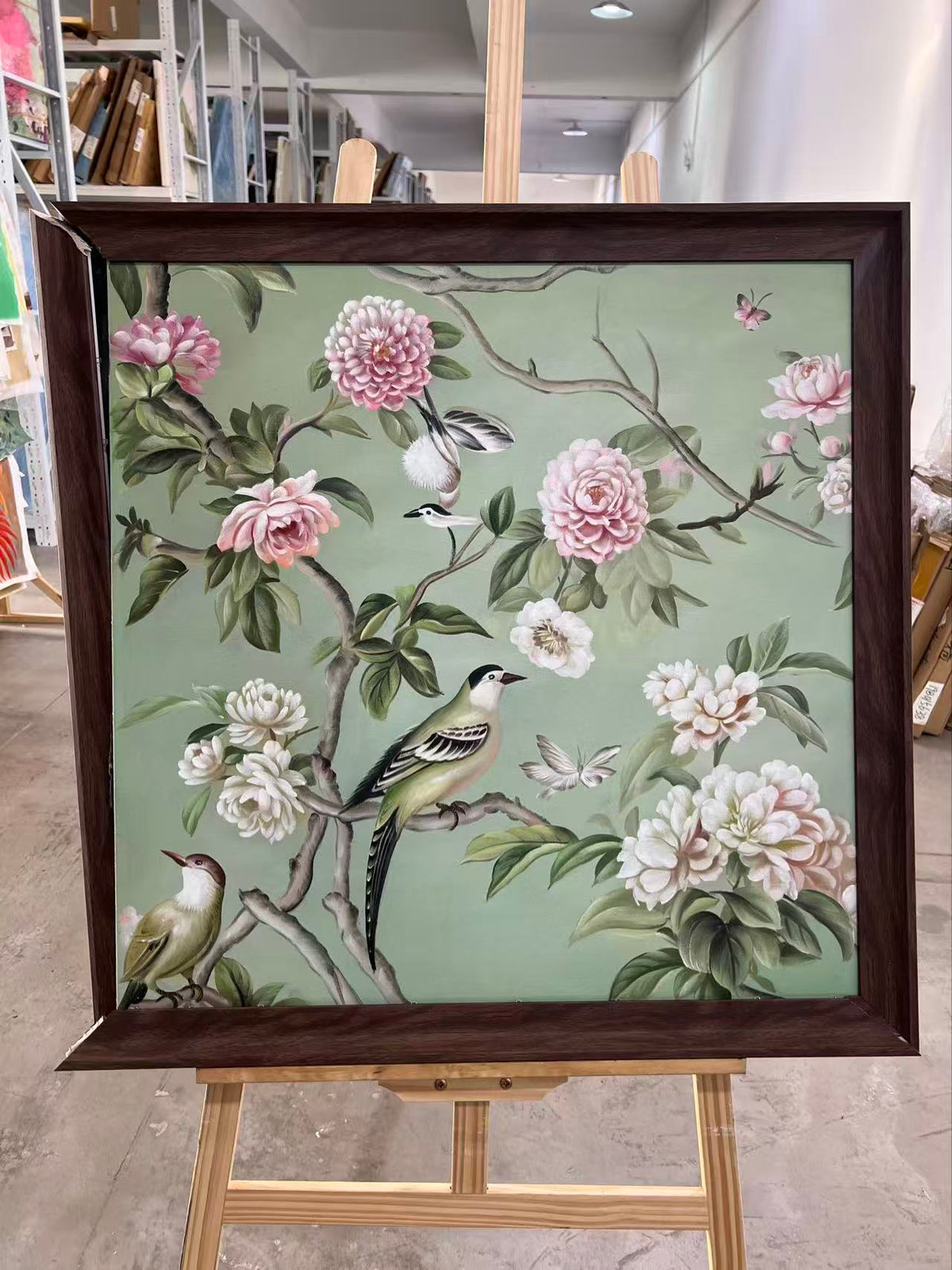 Birds among Peonies on Sage