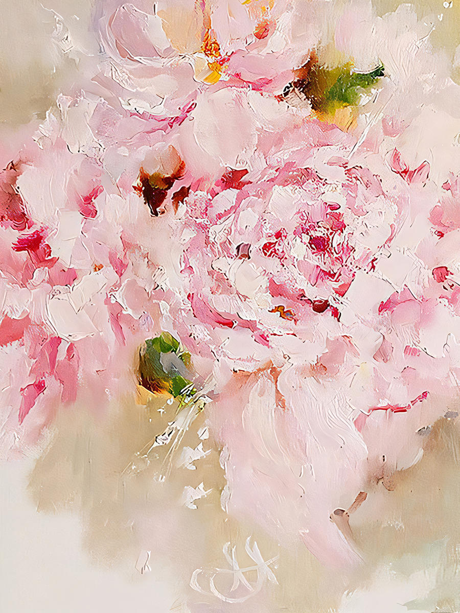 A loose pink peony with green buds in thick strokes