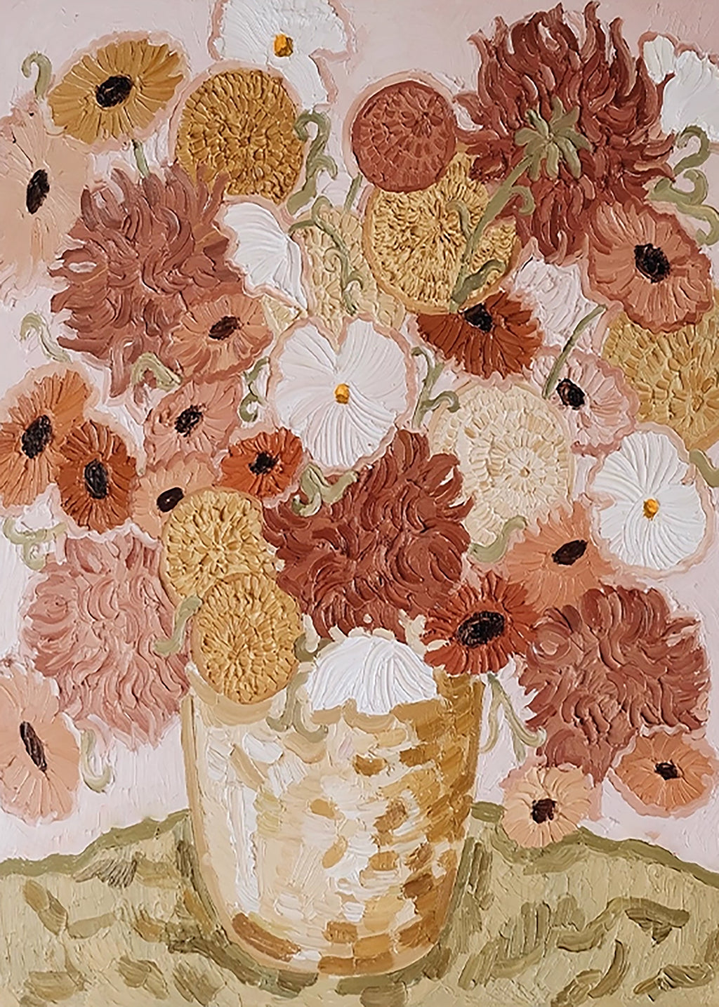 Rust and coral dahlias in a sculpted vase