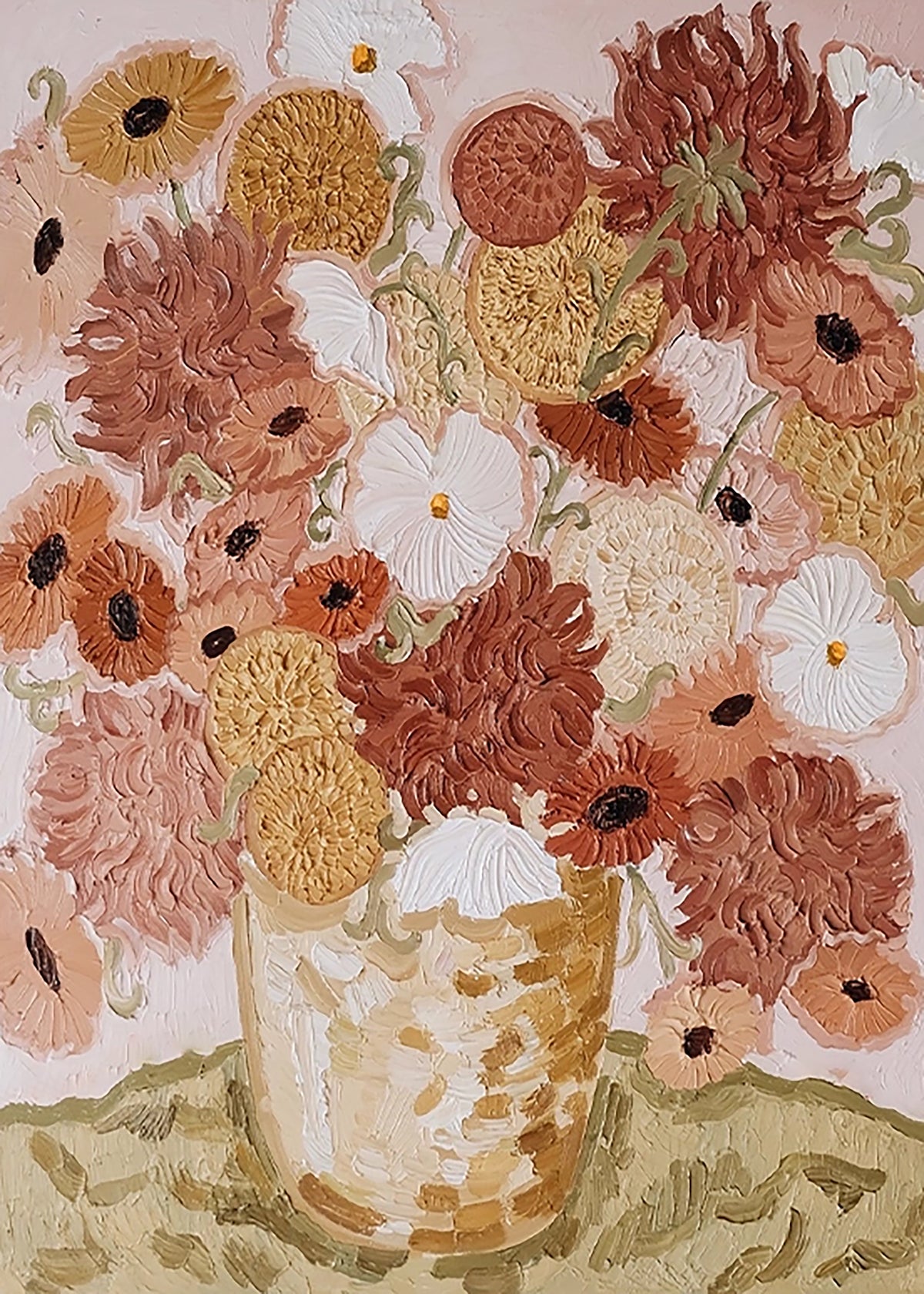 Rust and coral dahlias in a sculpted vase