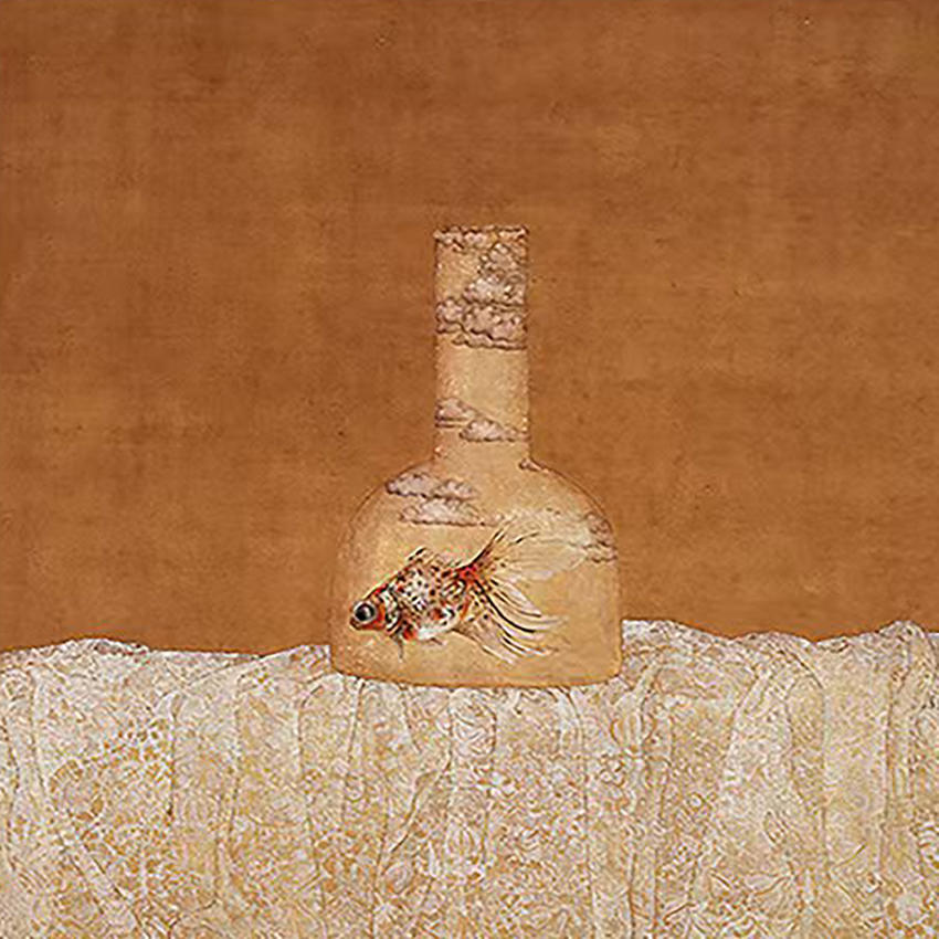 A small goldfish painted on a pale bottle on rust