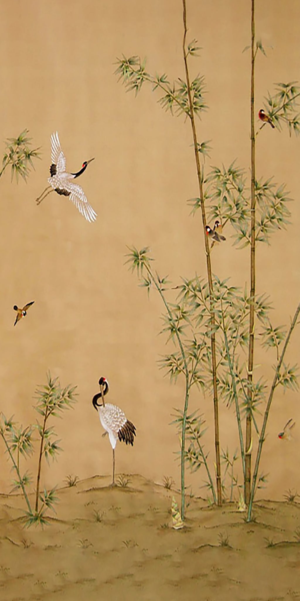 Red-crowned cranes among slender bamboo on aged gold