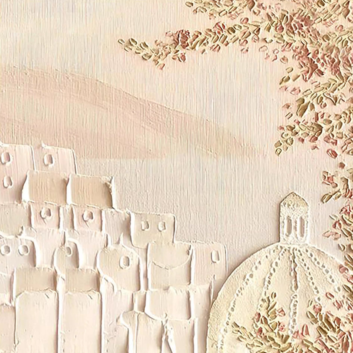 White sculpted houses and a dome under trailing blossoms