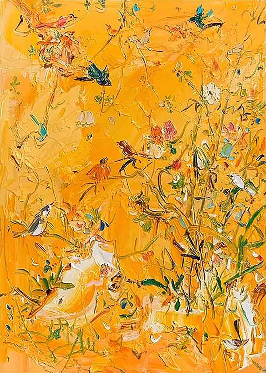 Tiny birds among wildflowers on a blazing yellow-orange ground