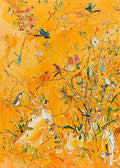 Tiny birds among wildflowers on a blazing yellow-orange ground