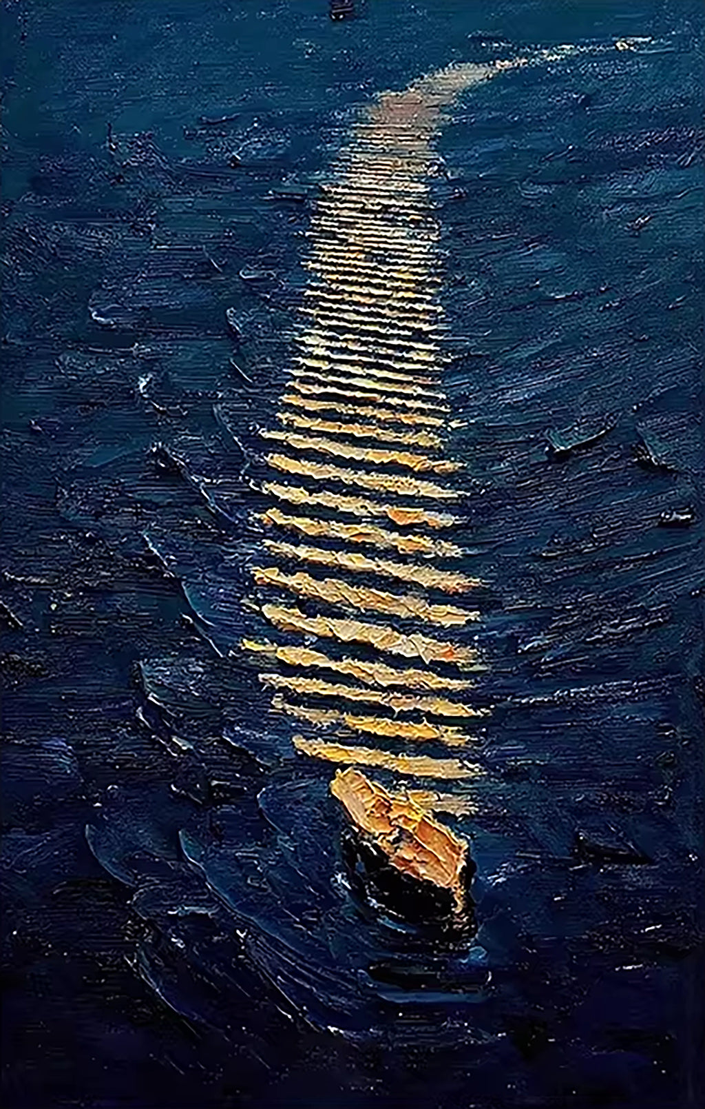 A small boat cutting a golden wake through dark blue water