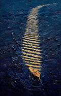 A small boat cutting a golden wake through dark blue water
