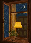 A glowing lamp and plant by an open window under a crescent moon