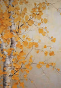 A birch trunk with falling orange-gold leaves on pale cream