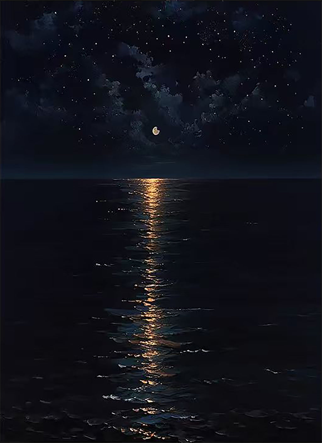 A thin moon path on a black sea under a starry sky