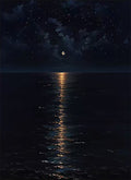 A thin moon path on a black sea under a starry sky