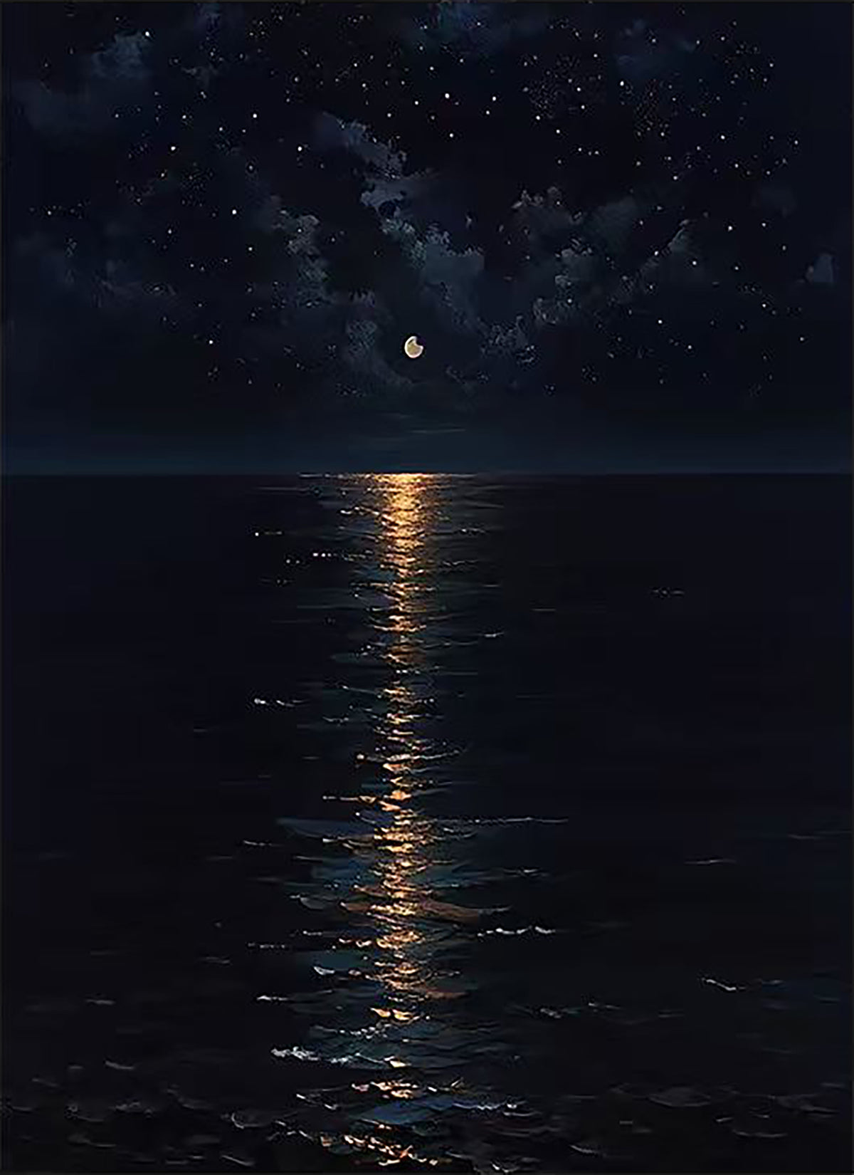 A thin moon path on a black sea under a starry sky