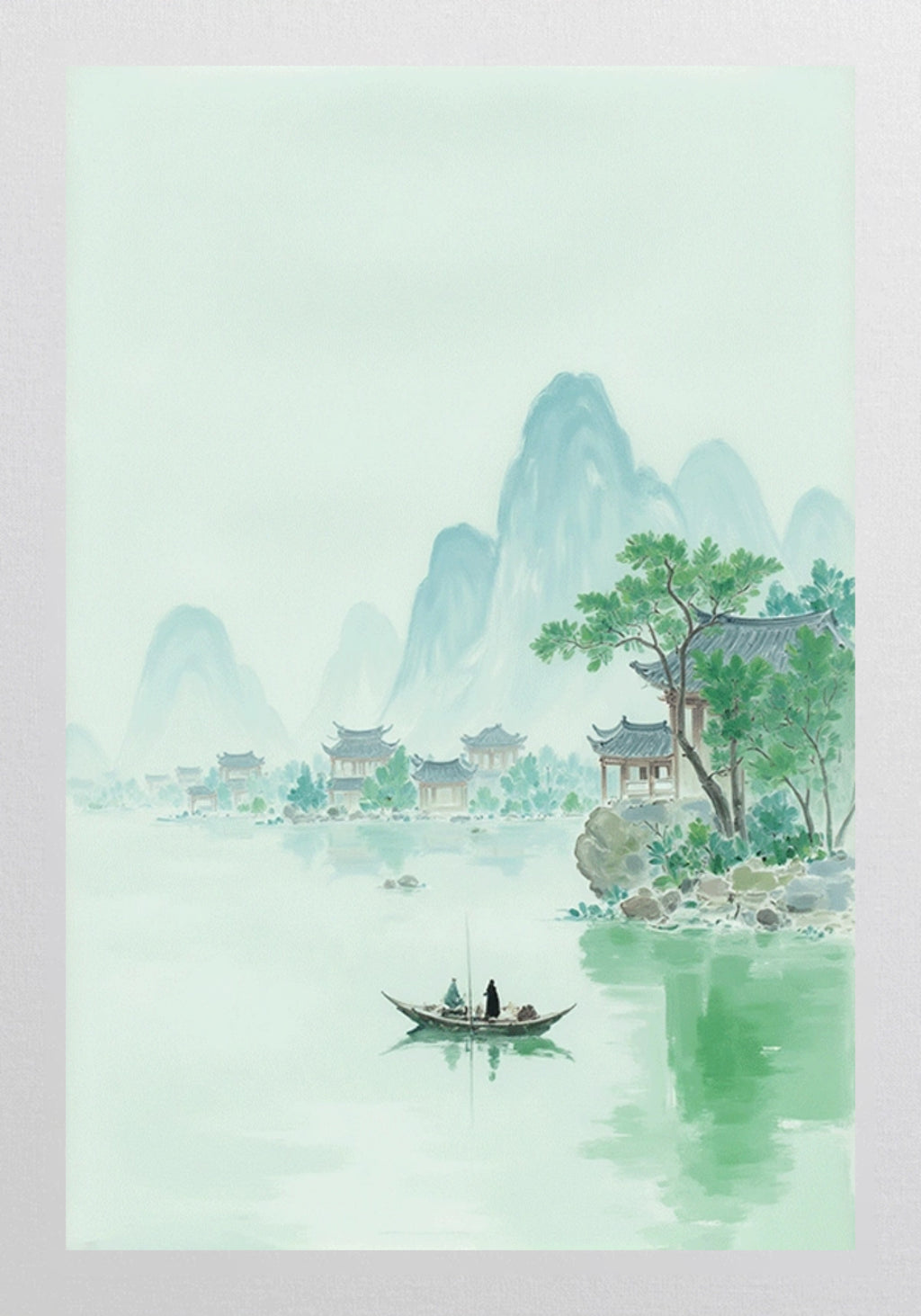 A boat on a jade lake below misty peaks and pavilions