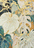 Ivory and gold-flecked monstera leaves over dark teal