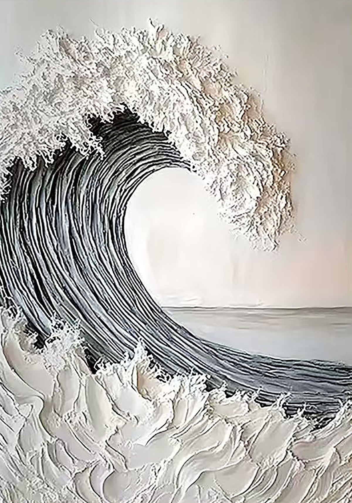 A curling wave sculpted in white and grey paint