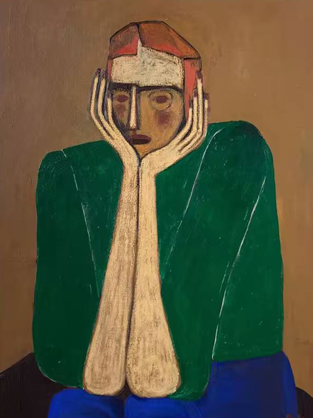 A long-faced man in a green coat resting his head in his hands