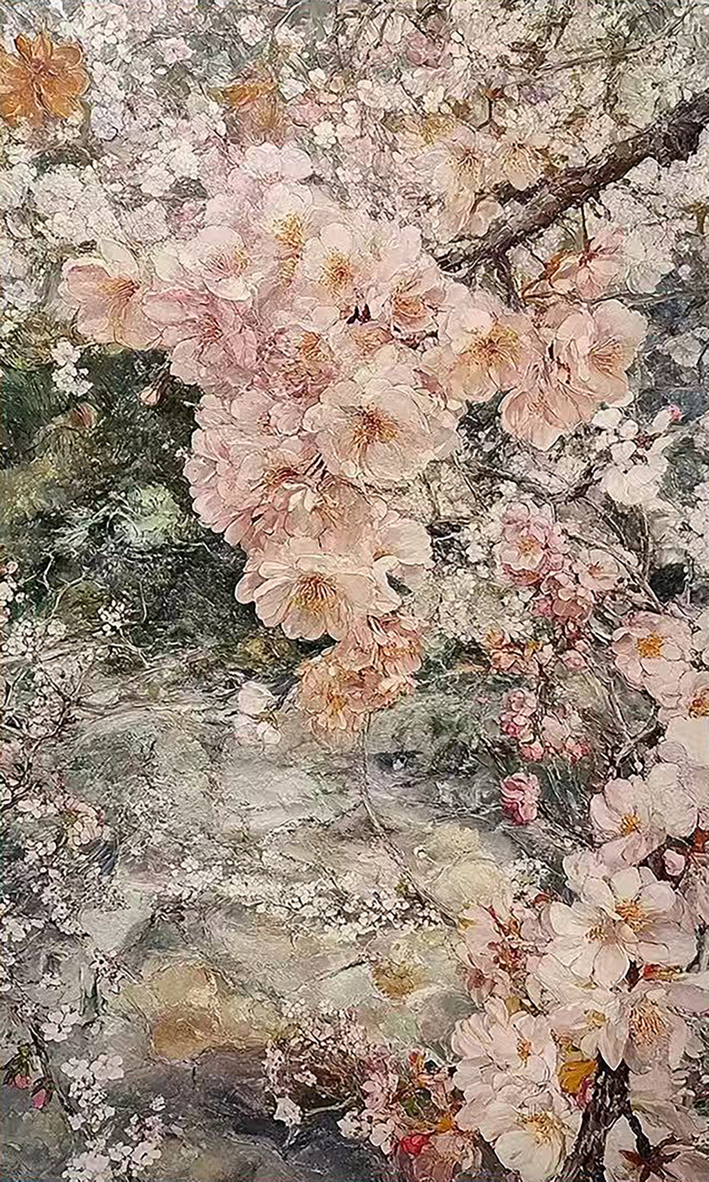 Dense pink cherry blossoms over a misty grey ground