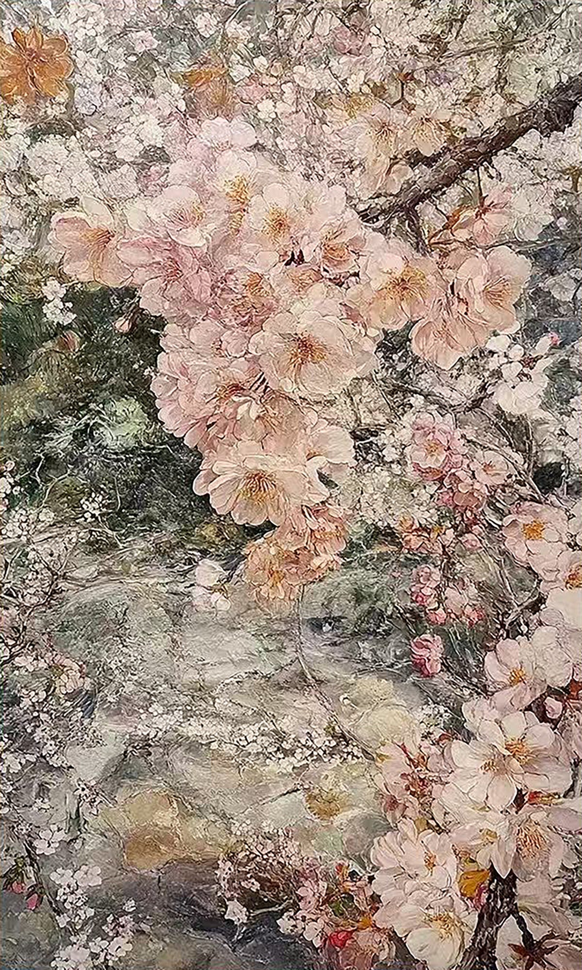 Dense pink cherry blossoms over a misty grey ground