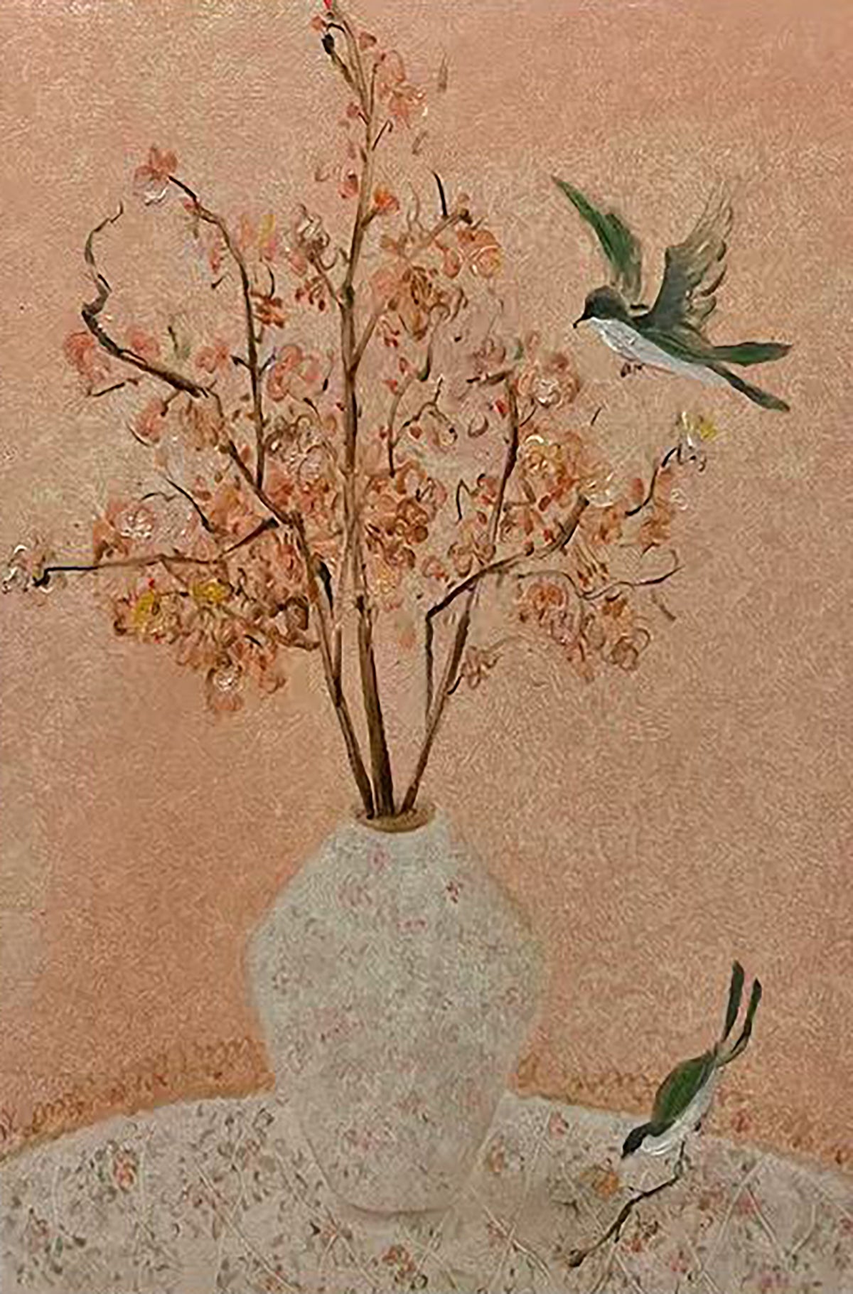 Hummingbirds around a vase of peach blossoms on blush