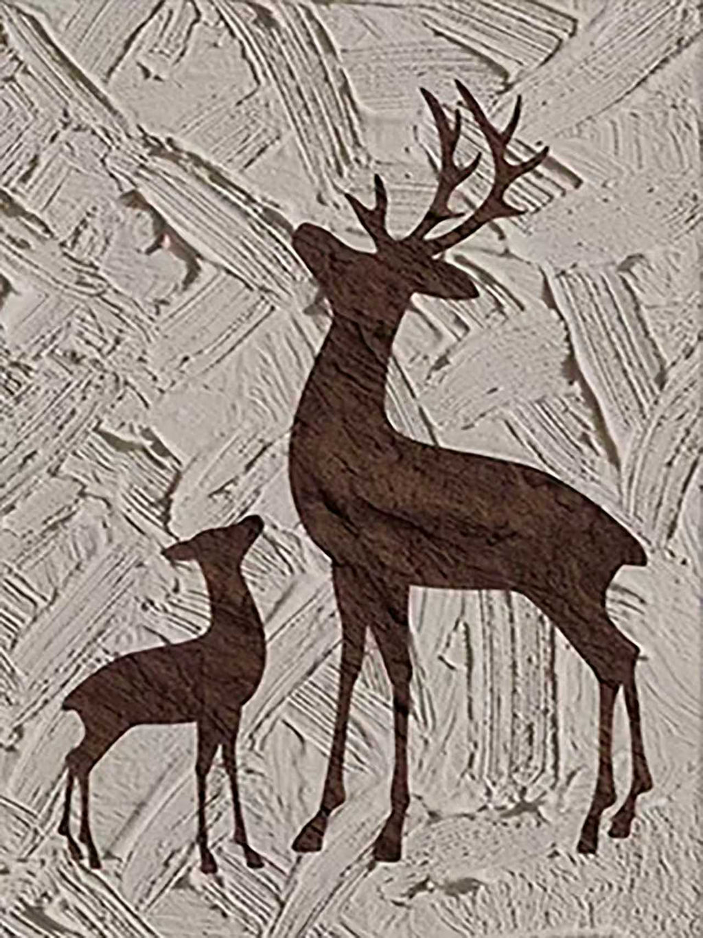 A brown stag and fawn silhouetted on rough cream texture