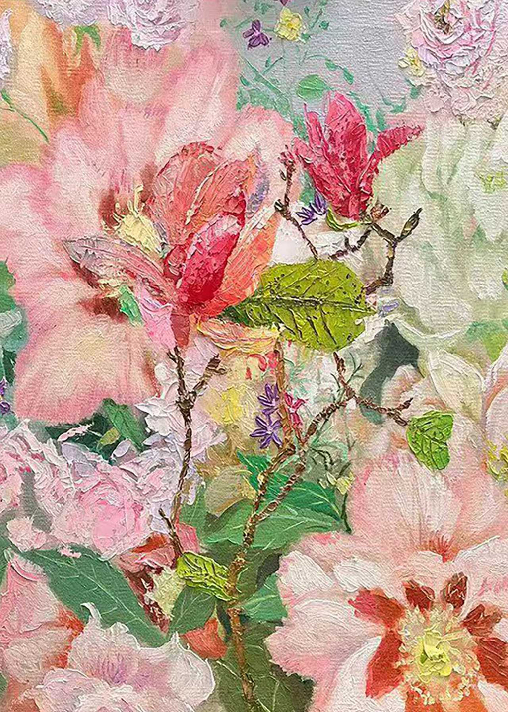 Pink lilies and blooms in layered, textured paint