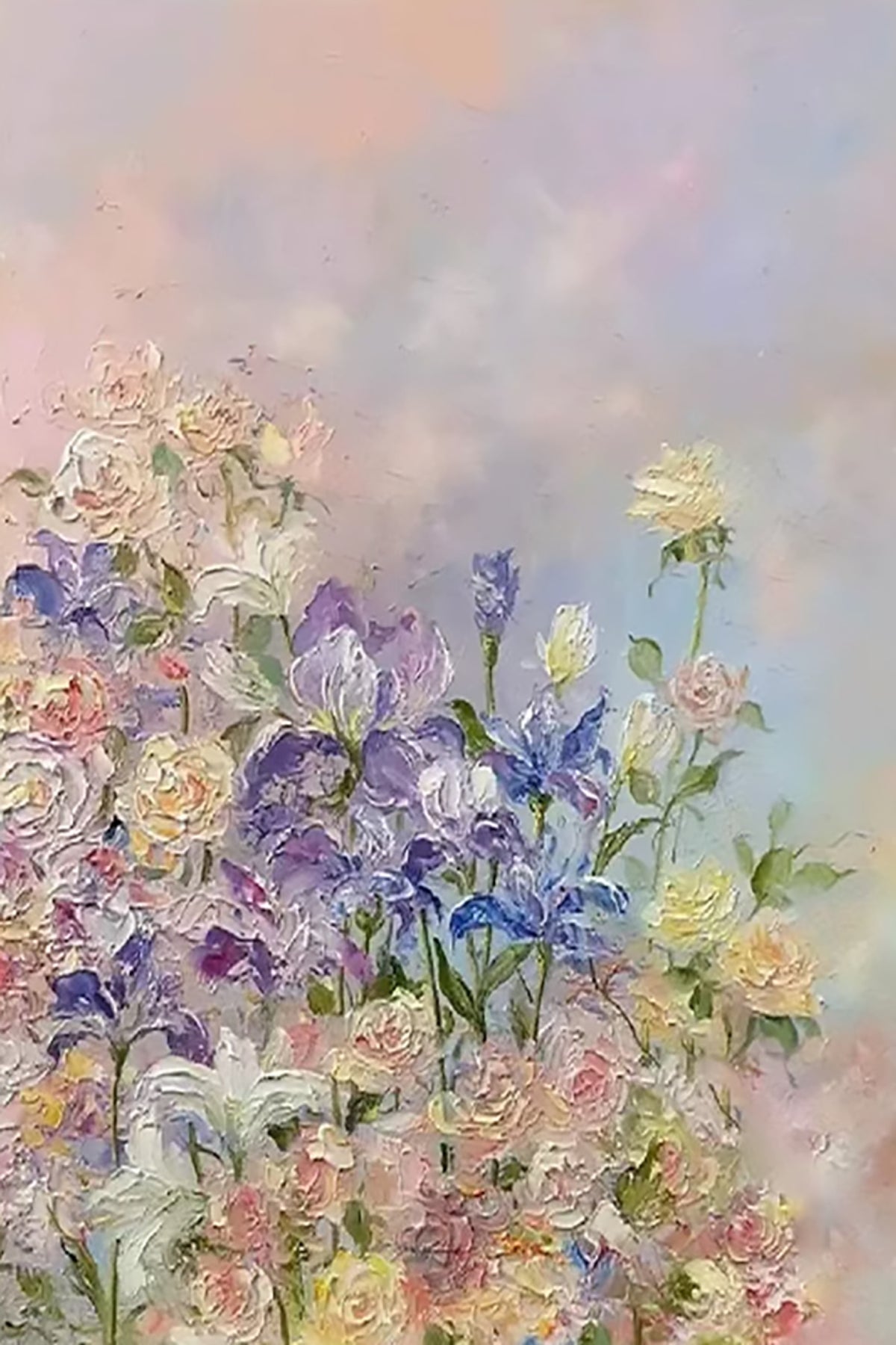 Lilac irises and cream blooms in a soft pastel garden