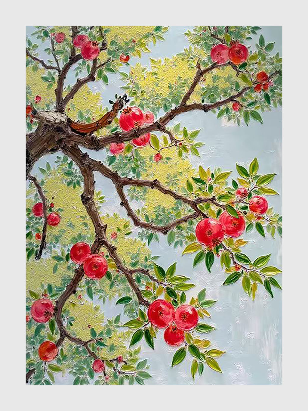 Branches laden with red fruit against pale blue and yellow