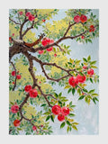 Branches laden with red fruit against pale blue and yellow