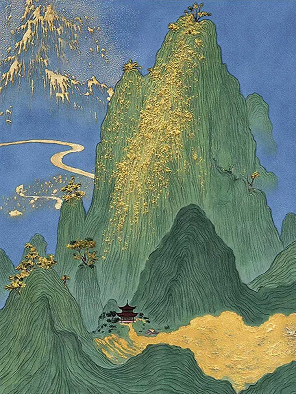A jade mountain flecked with gold above a winding river
