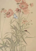 Pink cosmos and grasses with a small butterfly on taupe