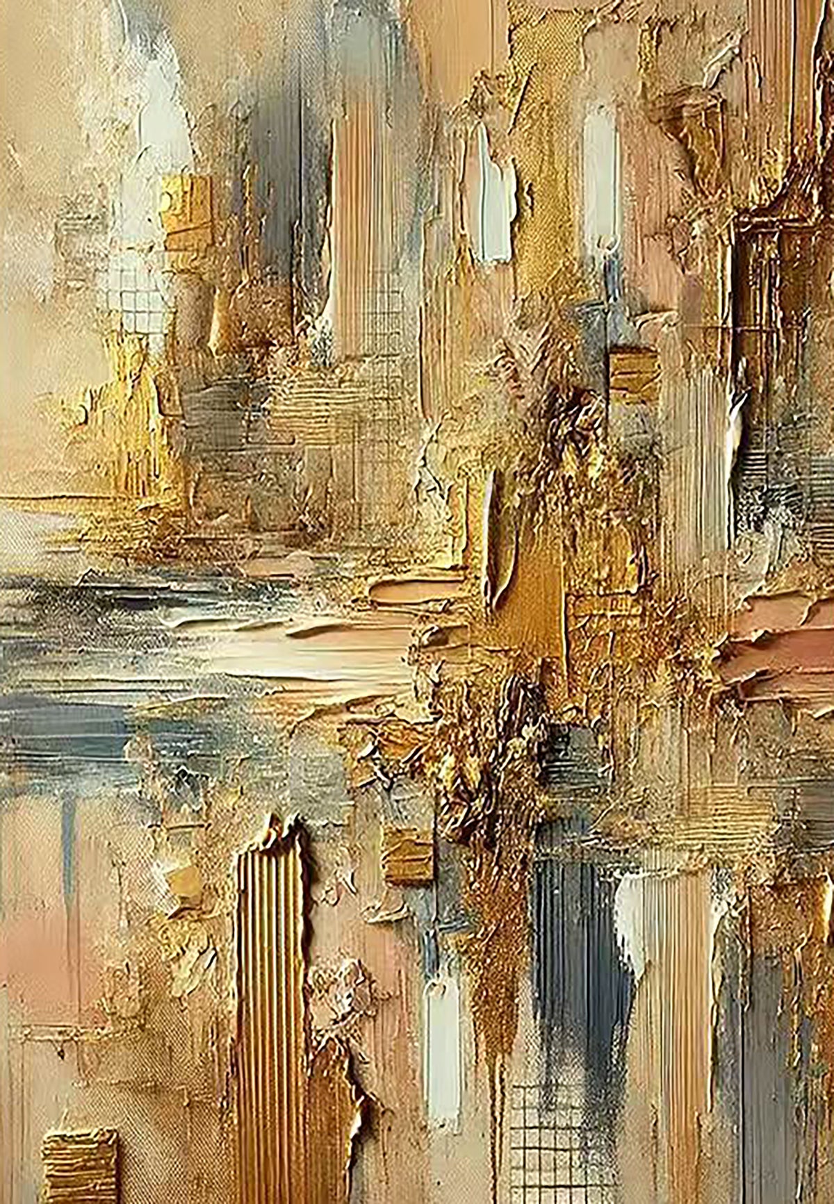 Vertical towers of amber and slate paint reflected like a city