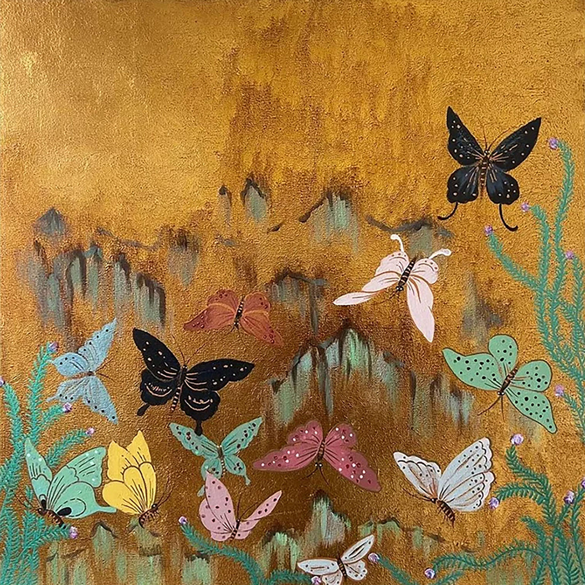 Colourful butterflies drifting over misty gold and teal hills