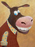 A grinning cartoon donkey in a patterned scarf on ochre