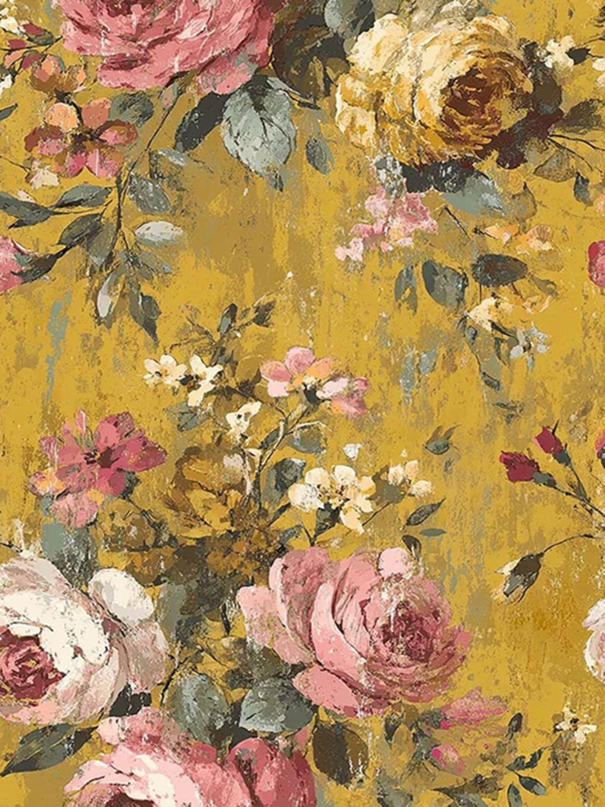 Pink and cream roses in antique style over mustard