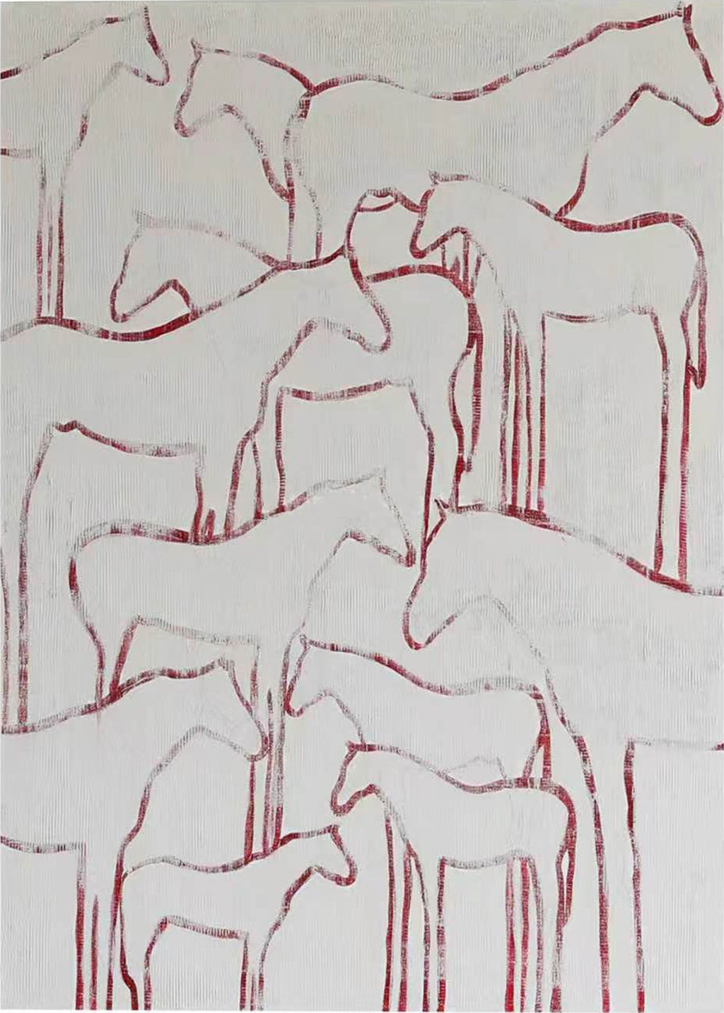 Overlapping white horses outlined in dripping red on white