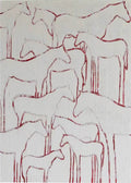Overlapping white horses outlined in dripping red on white