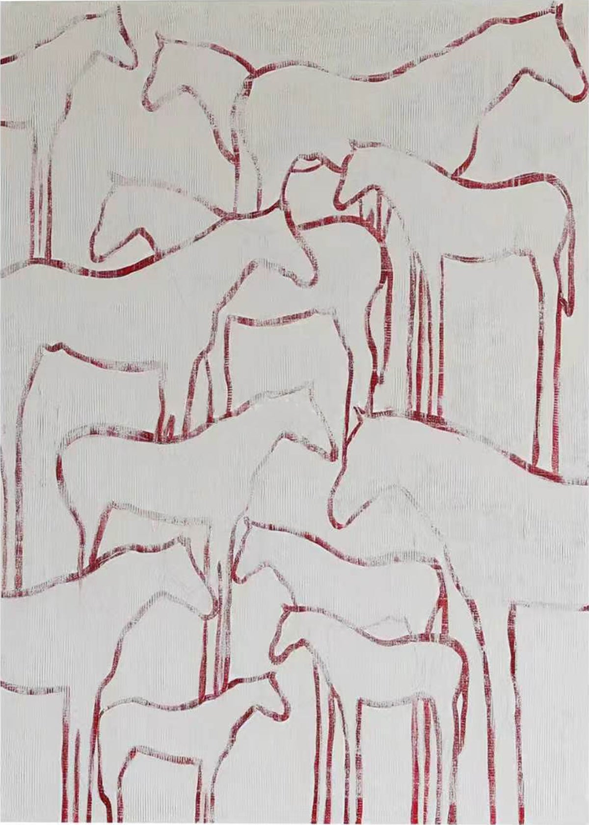 Overlapping white horses outlined in dripping red on white
