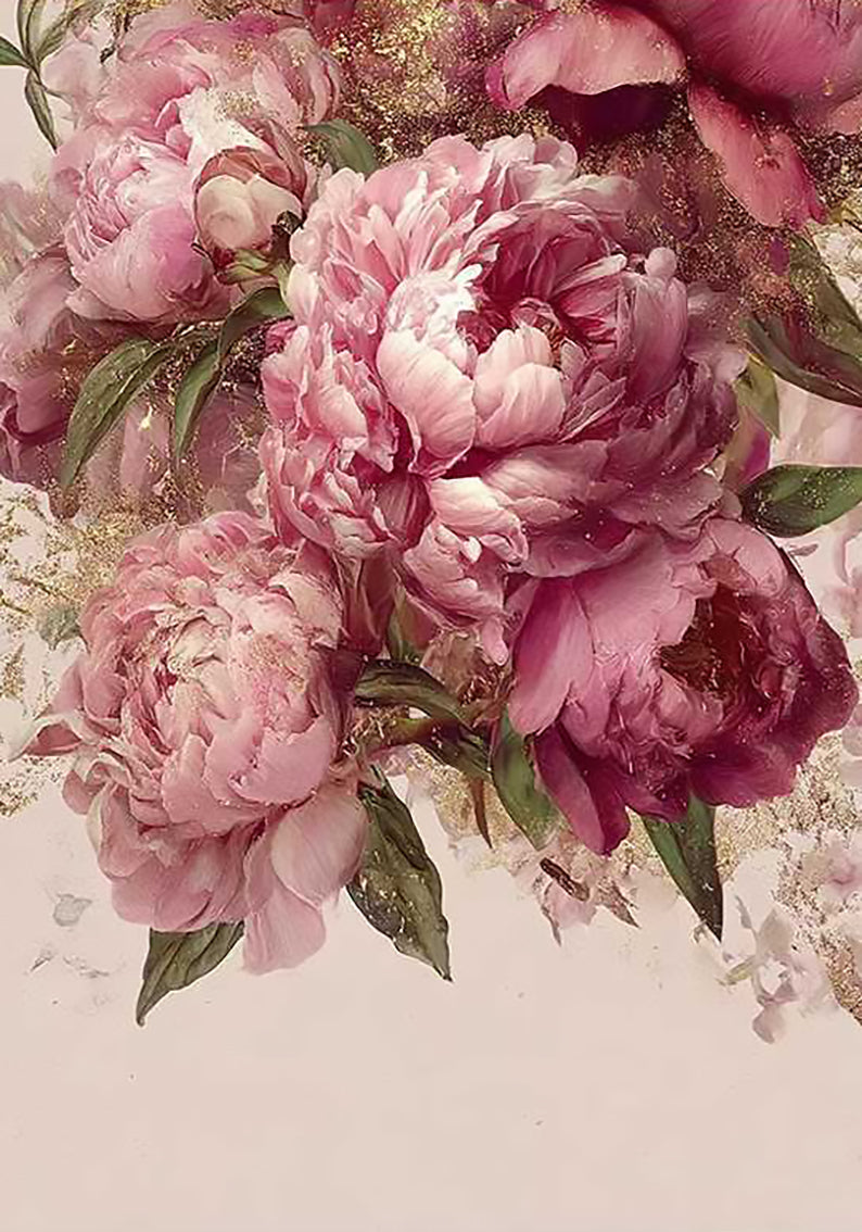 Full rose-pink peonies spilling down a soft pink ground