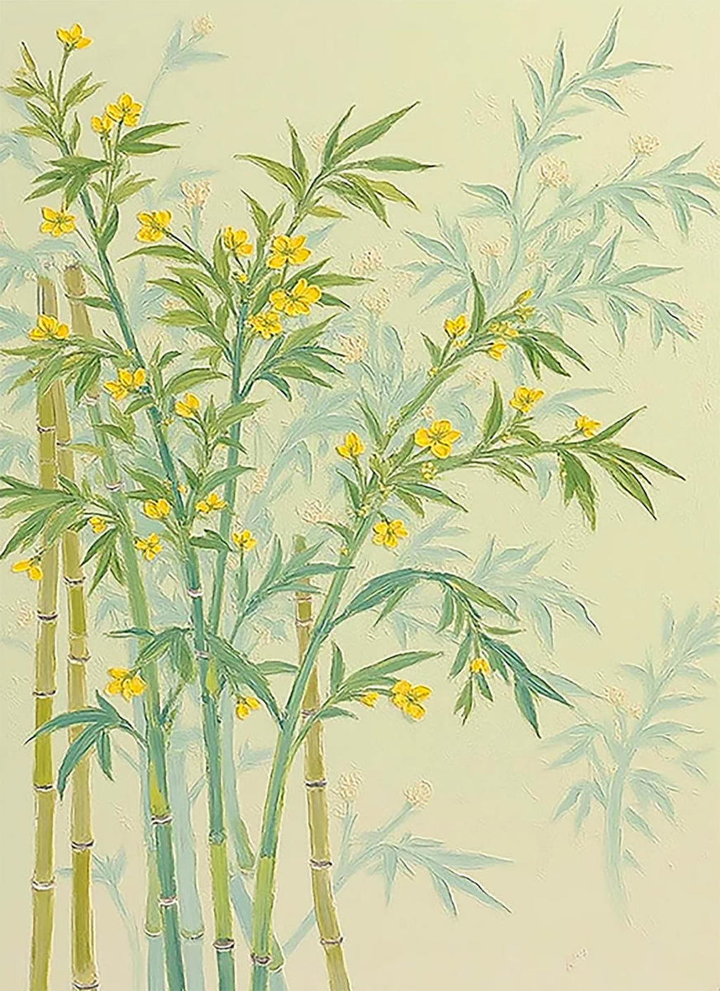Slender bamboo with tiny yellow blossoms on pale cream