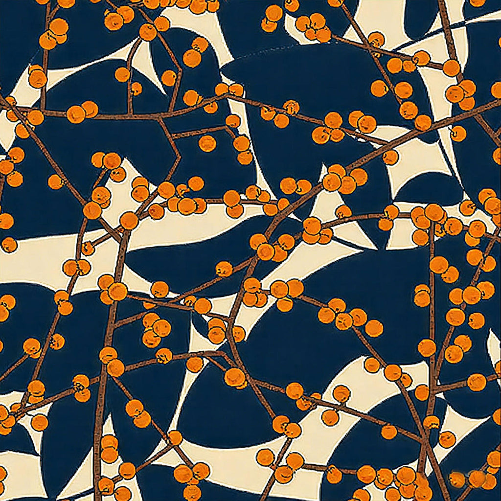 Orange berry branches over bold navy leaves on cream