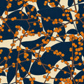 Orange berry branches over bold navy leaves on cream
