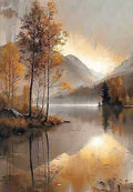 Golden autumn trees reflected in a misty mountain lake