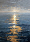 A bright sun path across a steel-blue sea under grey sky