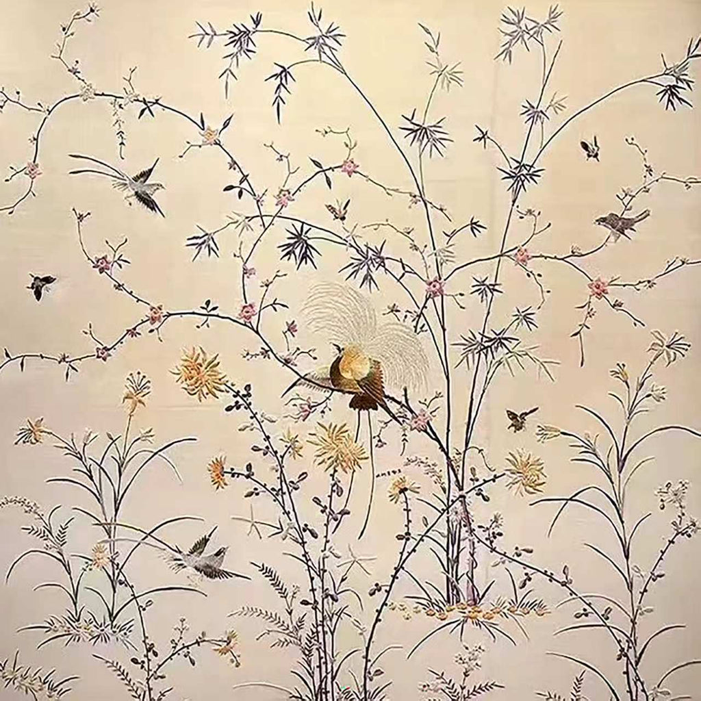 Fine bamboo, grasses and birds across a pale cream ground