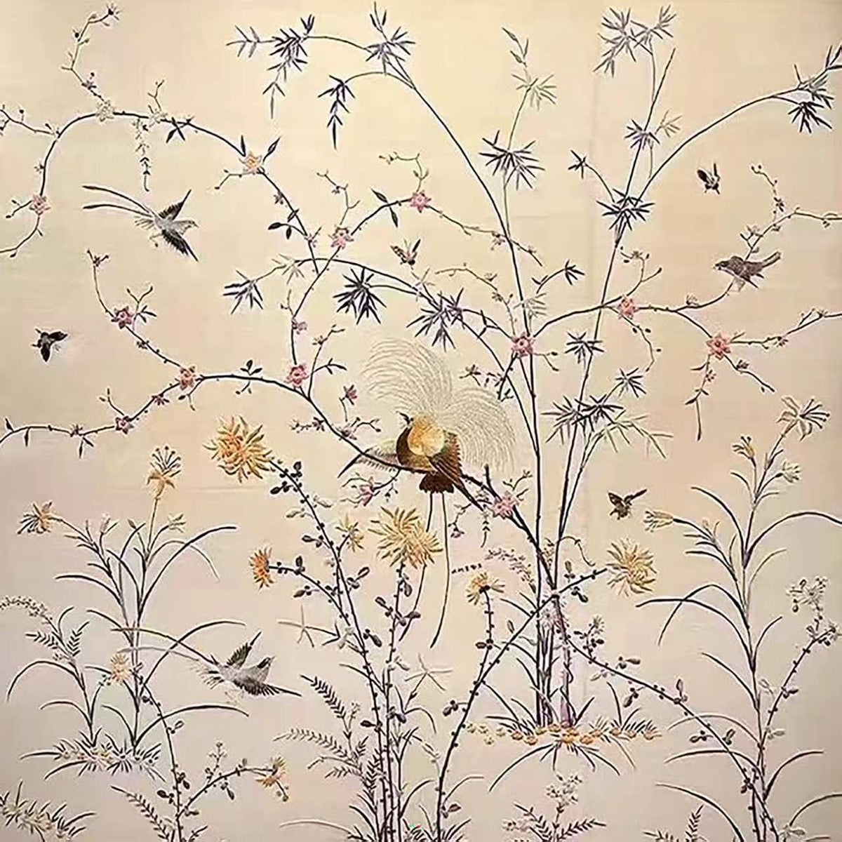Fine bamboo, grasses and birds across a pale cream ground