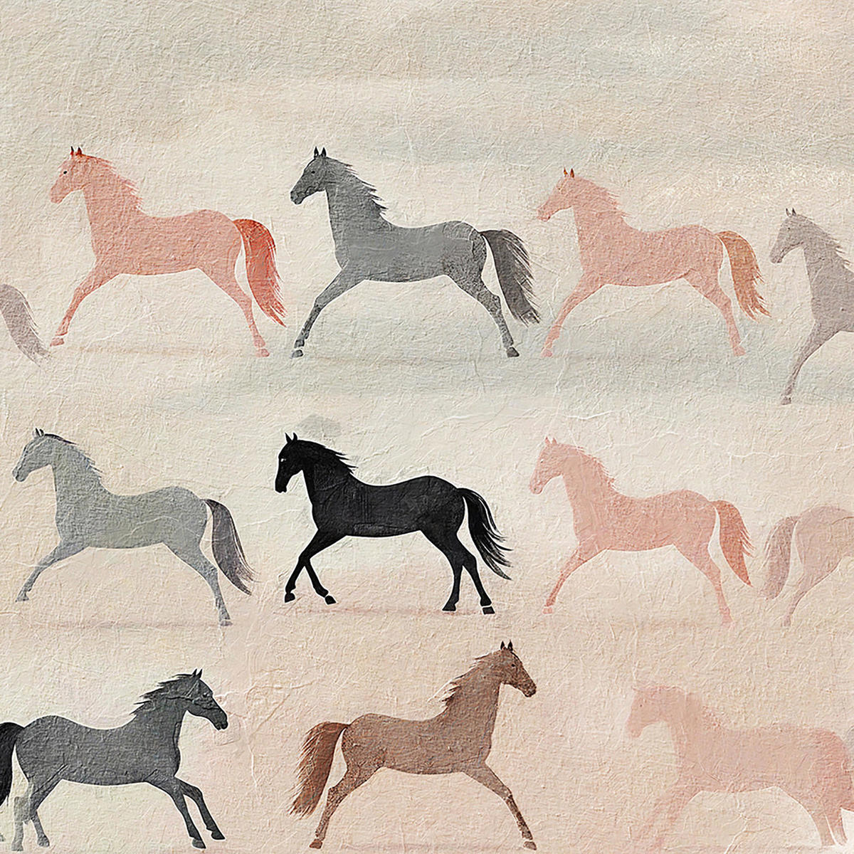 Pink, grey and black horses trotting in rows across pale cream