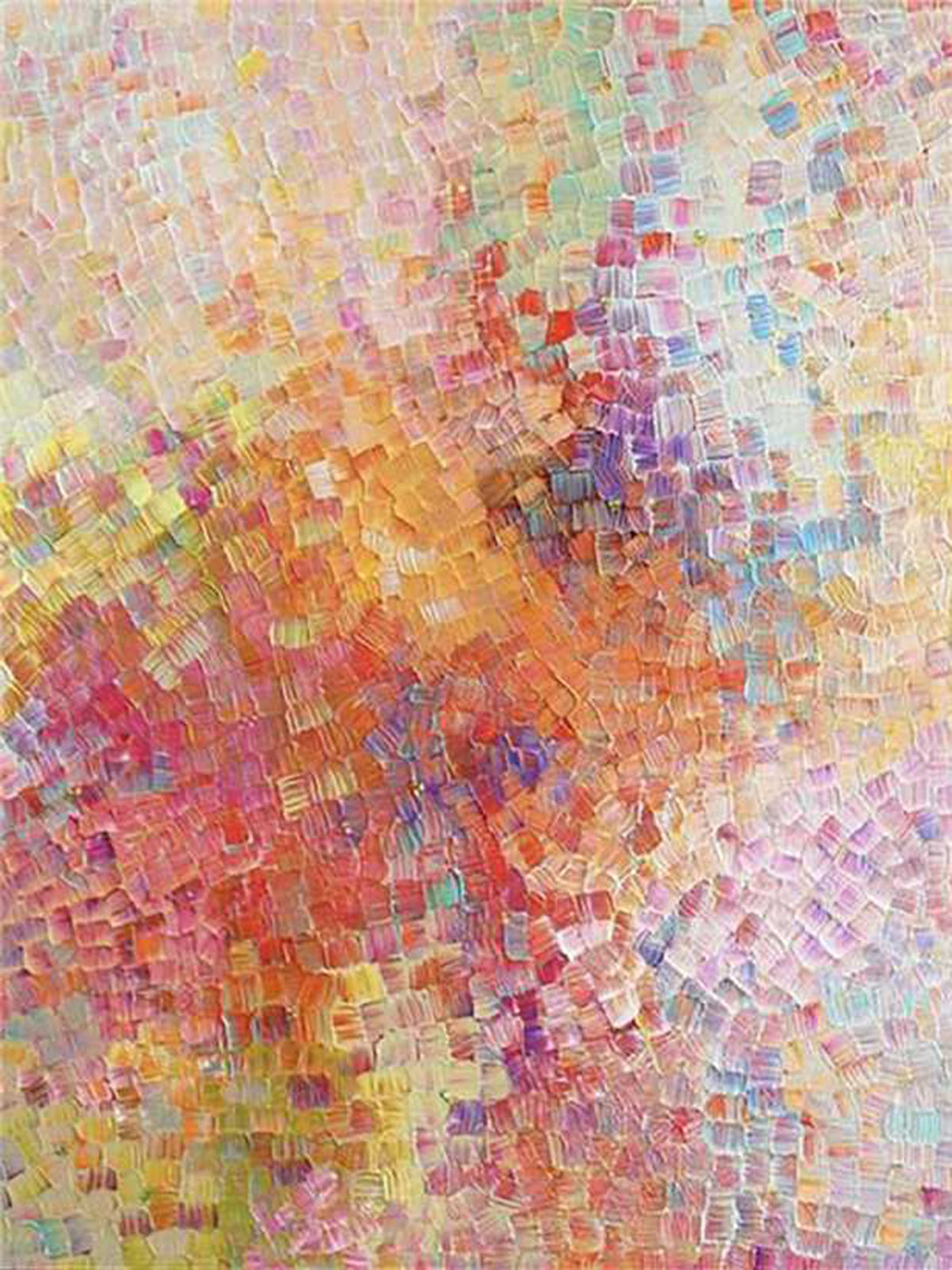 Tiny tiles of pink, orange and lilac swirling into a glowing burst