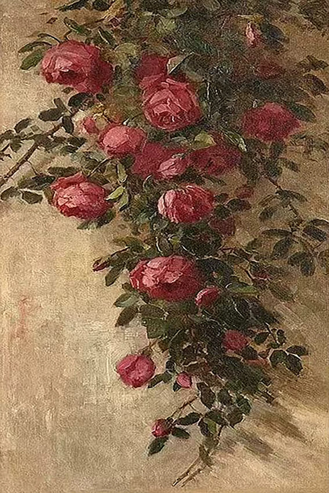 Trailing crimson roses on a pale parchment ground