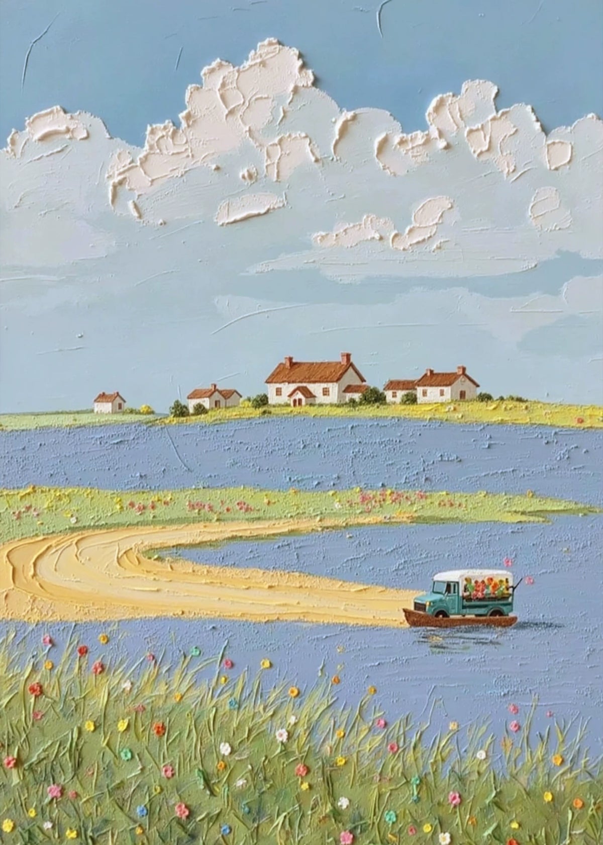 A row of red-roofed houses across a blue lake, a little boat below