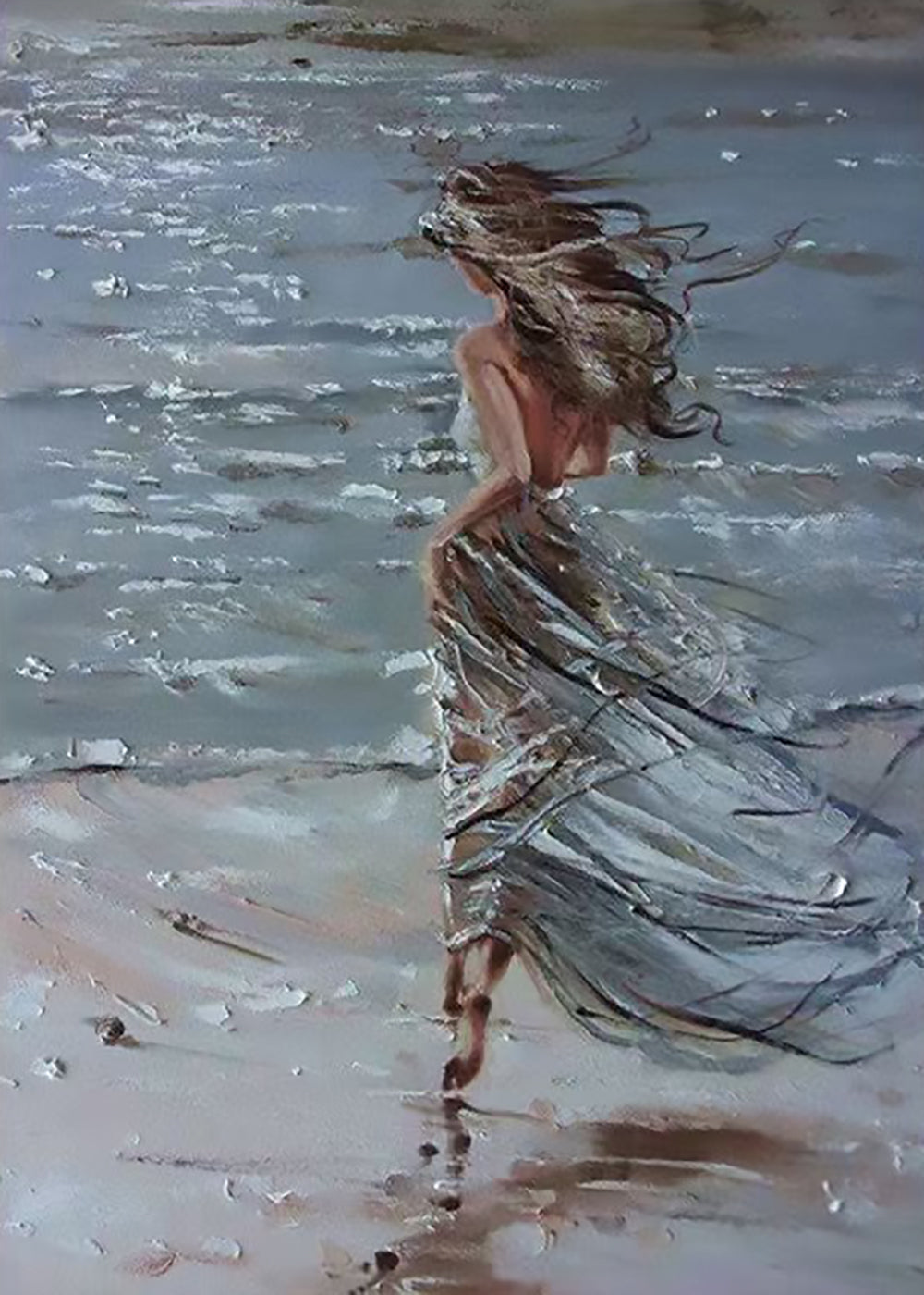 A woman in a flowing grey dress walking through shallow silver waves